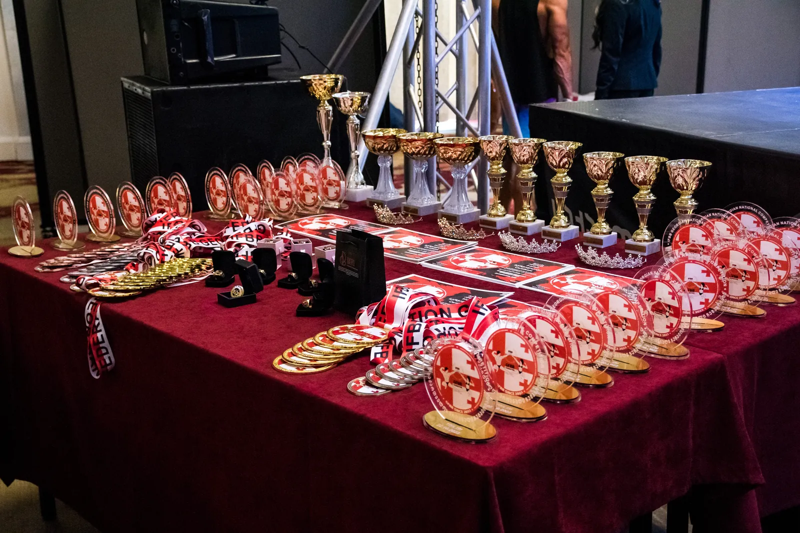 Awards table — cups, medals, tiaras and champion rings of the Georgian National Championship