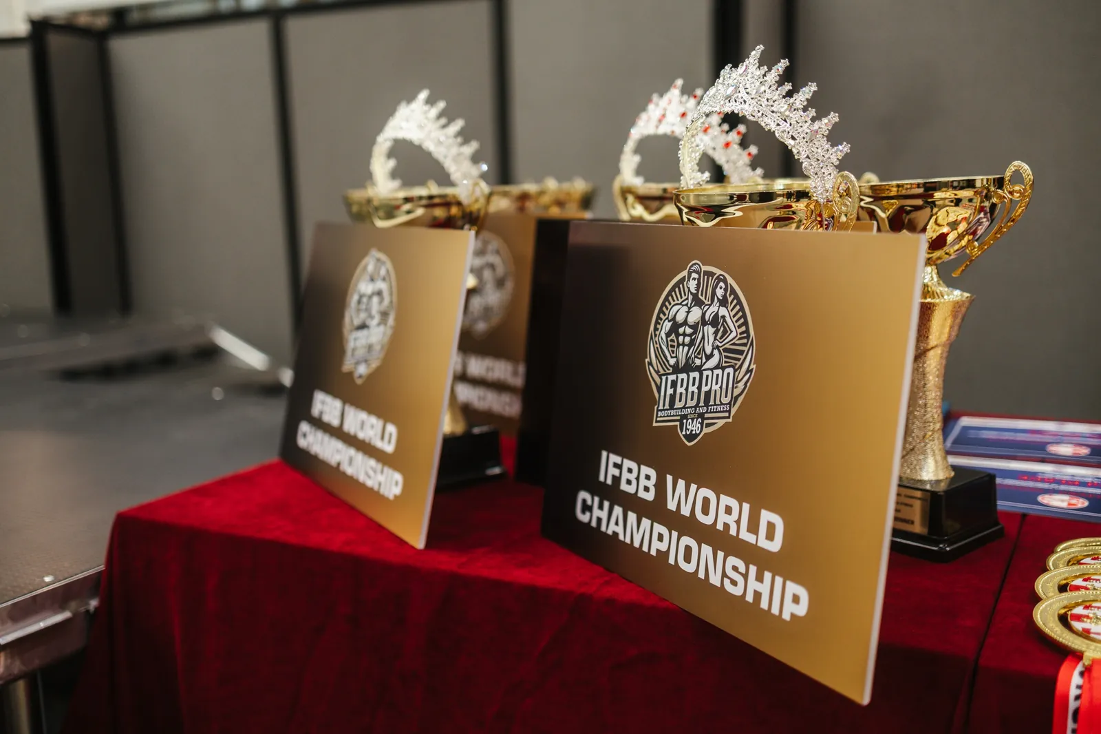 IFBB World Championship qualification boards, crowns and cups